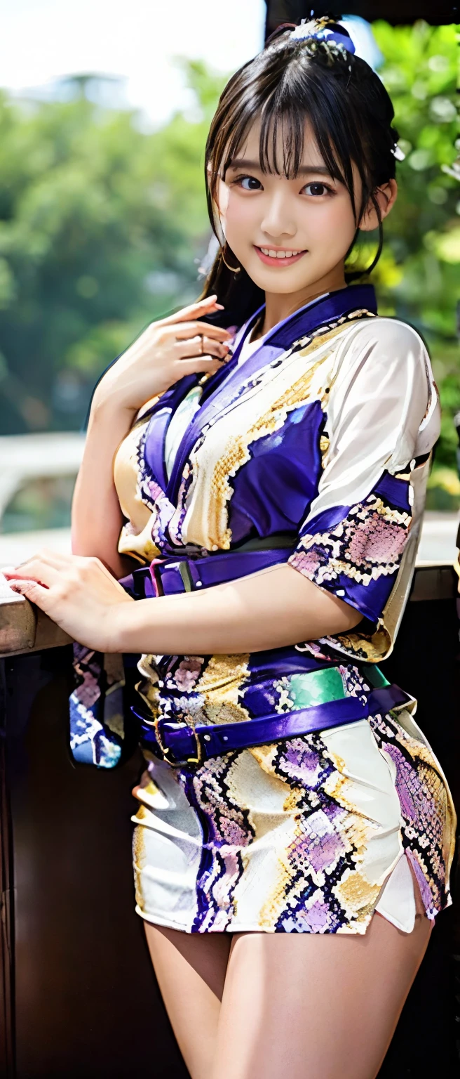 1girl, solo, cosplaying as Raiden Shogun from Genshin Impact, standing in a field, red hair styled in loose waves, green eyes, vibrant, friendly smile, heart-shaped face, freckles, detailed Raiden Shogun costume with traditional Japanese elements, including a kimono-style top, ornate accessories, and a purple and gold color scheme, charm bracelet, delicate jewelry, natural setting, sunlight, lush green field background, relaxed and informal atmosphere