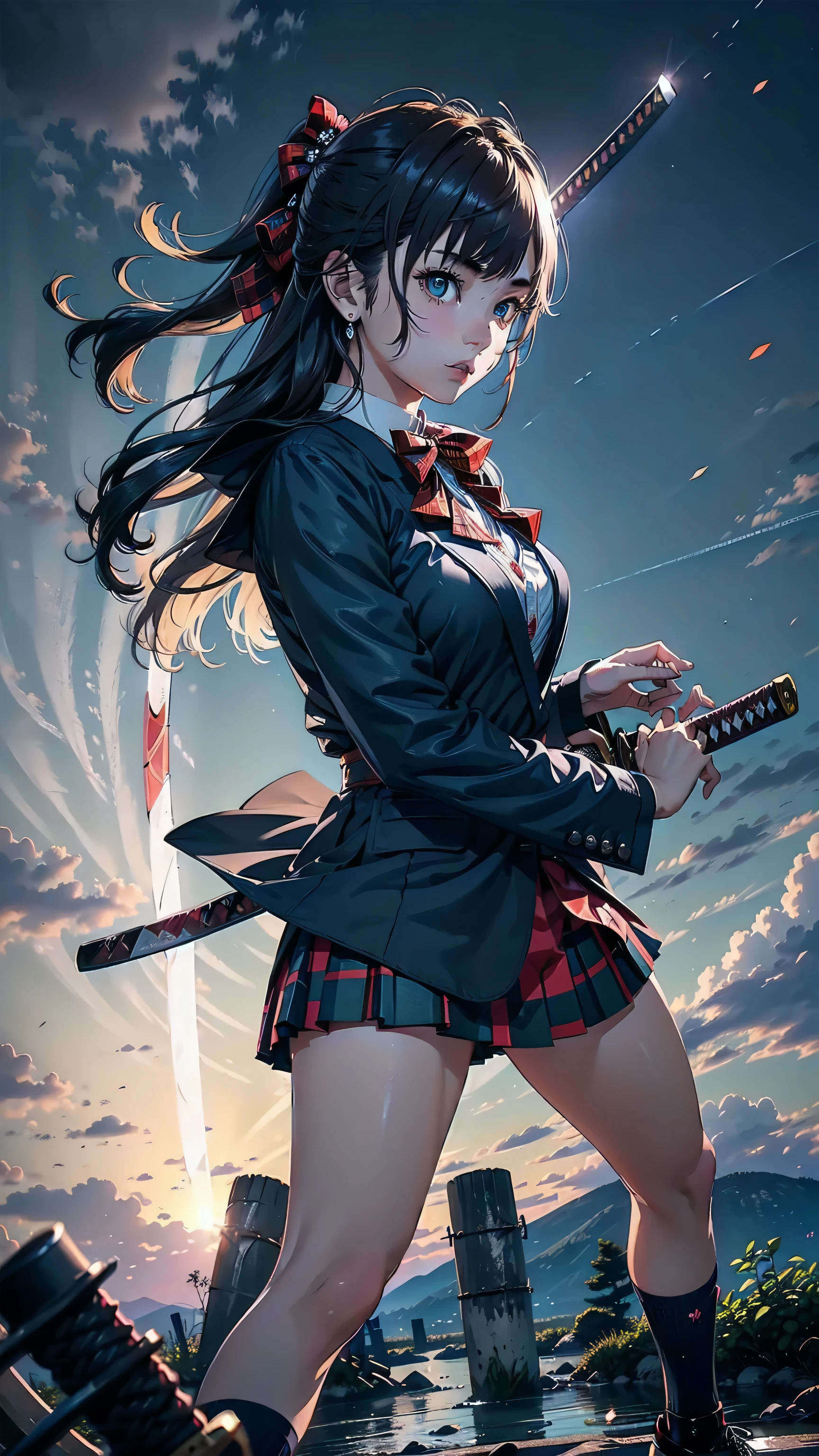 masterpiece, best quality, highres, ichinose shiki, idolmaster, long hair, two side up, hair bow, ahoge, medium breasts, earrings, without background, ((Please draw a single Japanese samurai girl prepares for battle, in a fighting stance, in a low stance wielding a katana:1.3)), ((1girl)), (Solo, face,-yeld:2. a high school student. Full limbs, complete fingers, ((perfect fingers)), ((perfect hands)), medium butt, groin, perfect eyes, ((one american blazer uniform girl):1.3) ((white blouse:1.3)) ((blouse with formal collar, navy blue blazer)), ((blue plaid skirt:1.3)), ((tartan, check plaid texture skirt)), ((red plaid bow on the blouse:1.3)) (Detailed Lighting), ((full body view)), ((standing)), ((legs)), uwabaki shoes, beautiful single girl (one girl), full body shot, front body, pretty eyelashes, make up, electric eyes, ((black socks)), ((black school shoes)), ((perfect natural fingers and hands)), ((front body view:1.5)), ((full katana:1.5)), ((one single perfect long shape katana:1.3)), ((The katana must be well drawn, from the tsuba to the saya)), ((blue with red plaid skirt:1.3)), ((view from the front:1.3)), ((erect neck:1.3))