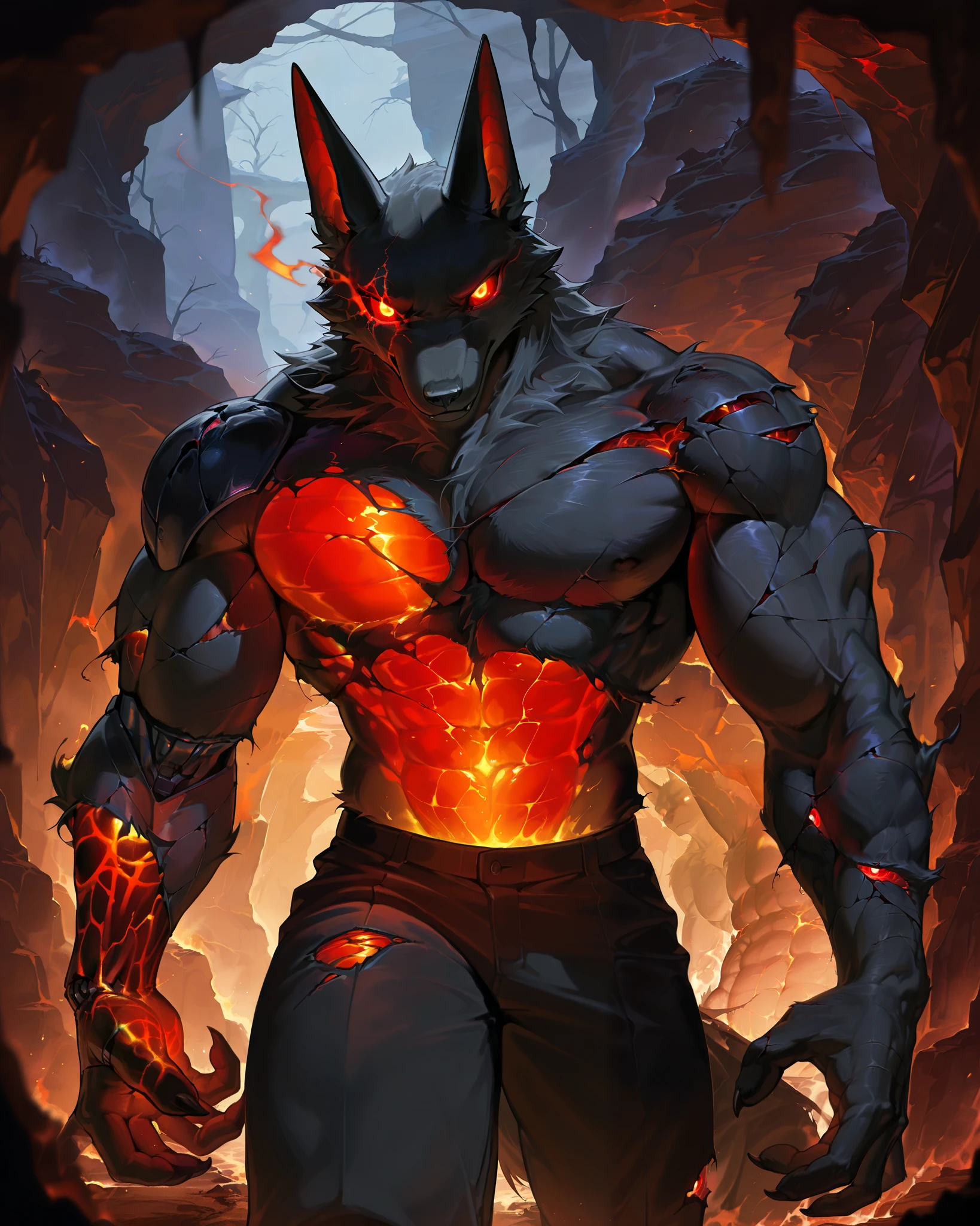 Best Quality, masterpiece, Ultra High Resolution, Detailed Background, (furry male), ( Black Jackal furry ), metalic body, demonic, underground cave scenery, red glowing eyes, two pair of eyes, Anubis, muscle, (damaged belly:1.2, cracked arms:1.2), cracked chest, solo, male, infernal runes, with black fur, mechanical body, perfect proportion, good anatomy, perfect anatomy