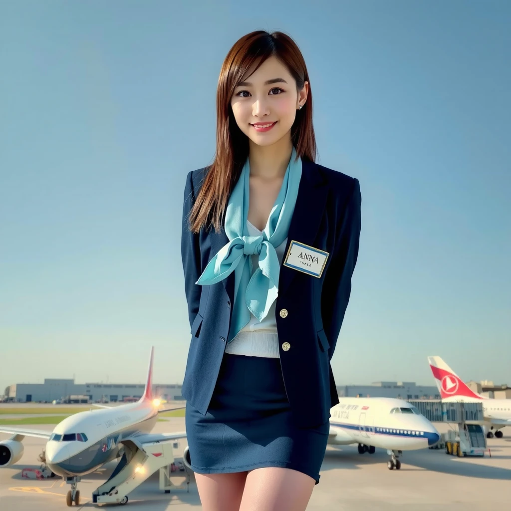 smile、(( Stewart ))、((JAL airplane ))、((airport))、( realistic plane in the background)、Thigh-length tights、(( dark blue blazer on white shirt,  sky blue silk SHORT scarf around the neck ,  mini pencil-skirt ))、(name tag with “ANNA” logo On the left chest)、 earring、 high resolution、in 8K、  prominent areola 、RAW  photos in anime colors graphs、 top quality 、masterpiece、 table top、 erotic,Knee,Small face、Big Breasted ,masterpiece, top quality 、超A  high resolution,RAW  photos in anime colors, beautiful,1 person、 very cute、 Japanese women, is standing,（ realistic：1.4）、 photon mapping、 realistic、 cute、  adult female、 written border depth、  photos in anime colors, girl 、body, beautiful LEGS,  long legs ,Thin legs、 lips, Nose Soft, I can see your thighs、Sparkling Eyes、Glossy lips、 too bright natural light 、 brighter sun 、Too bright sunlight