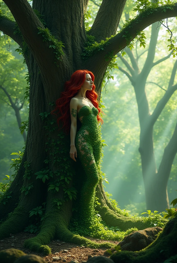 (best quality,4k,8k,highres,masterpiece:1.2),ultra-detailed,(realistic,photorealistic,photo-realistic:1.37), wide angle shot,dynamic angle, full body shot, The ghostly plant woman, she has very long and wavy platinum hair,(she is wearing a biological exoskeleton covering up her entire body),((She is resting in fetal position, incubated inside an exquisite cocoon:1.5)), in her vegetal kingdom, carnivorous plants, vibrant green leaves and tendrils, alien biome, lush vegetation and exotic flowers, poison jungle, toxic and vibrant colors, mysterious atmosphere, soft and ethereal lighting, immersive and lifelike 3D rendering, botanical fantasy, intricate details on the plant bulbs, lush and intricate flora, magical and dreamlike ambience, mysterious environment, painterly style, dreamy color palette with a mix of vibrant reds and deep purples, enigmatic composition, surreal and otherworldly experience.