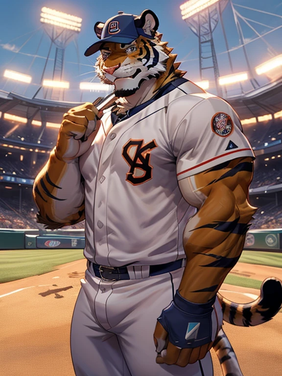 Tiger, good looking, male, Humanity, Baseball uniforms, ultradetailed, muscle質, alone, naked, rippling muscle, muscle, Stadium Background, tail, hot, Baseball cap, Baseball bat, Cool pose
, Show off your teeth, (long black dick:1.5), (erection:1.5)