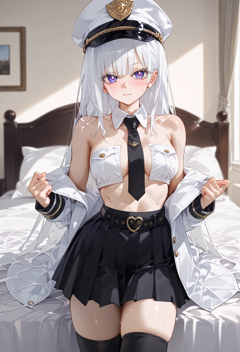 1girl,black necktie,breasts,enterprise_default,hat,long hair,necktie,peaked cap,shirt,sleevsless shirt,purple eyes,white hair,belt,middle breasts,white headwear,bare shoulders,open clothes,skirt,miniskirt,pleated skirt,underbust,collared shirt,military hat,very long hair,black thighhighs,bangs,black skirt,black belt,white shirt,off shoulder,hair between eyes, on coat, no jacket, (slim body, slender, tight waist, toned body), (indoor, Love Hotel , bed, dim), full-face blush、speech bible, (lovely face, embarrassed, sweat, full blush, loving you), lovely hearts:1.4, heart-shaped pupils, speech bible