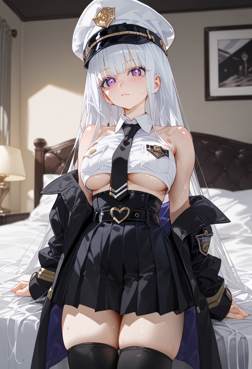 (masterpiece, best quality:1.2),illustration,8k,hd,1girl,solo, full body, (portrait:1.2), night, nakadashi,
long_hair, hat,necktie, white hat, skirt, white_hair, thighhighs, peaked_cap, purple_eyes, sleeveless, breasts, shirt, white shirt, black_necktie, sleeveless_shirt, pleated_skirt, very_long_hair, large_breasts, black_coat, miniskirt, open_coat, bare_shoulders, open_clothes, zettai_ryouiki, black_thighhighs, military_hat, belt,black_skirt, no underwear, collared_shirt, bangs, hair_between_eyes, underbust,blush, <lora:Enterprise(azur)>, big penis
laying in bed, (spreading legs, masturbate:1), putting hand on pussy, squirting pussy, cum inside,