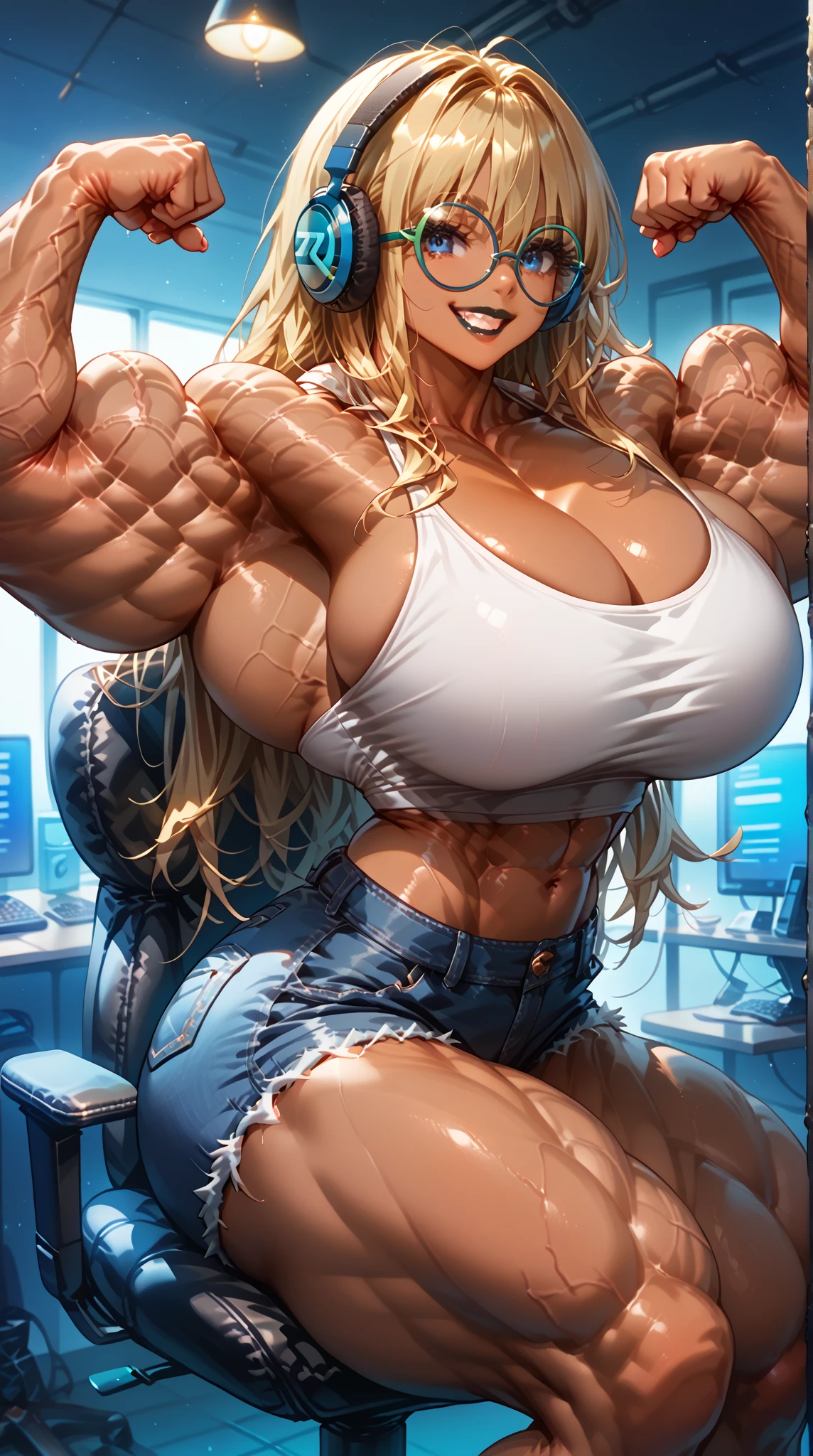 long pineapple hair (muscular:2) (huge breasts:2) thick thighs (micro bikini) solo looking at viewer in space