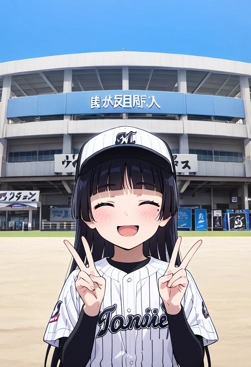 masterpiece,  top quality ,  very aesthetic,  absurd,
 One Girl , Alone, (ruri gokou), blush, hime cut, Long Hair, black hair, mole, mole under eye,,  happy , smile, v,  closed eyes ,  open your mouth, 
Chiba Lotte ,  baseball cap,  Baseball Jerseys,  is standing,  shirt,  gray background ,   simple background,  upper body,
 marine_stadium, storefront, scenery, sky, outdoors, blue sky, english text, building, sign, day, real world location, shop