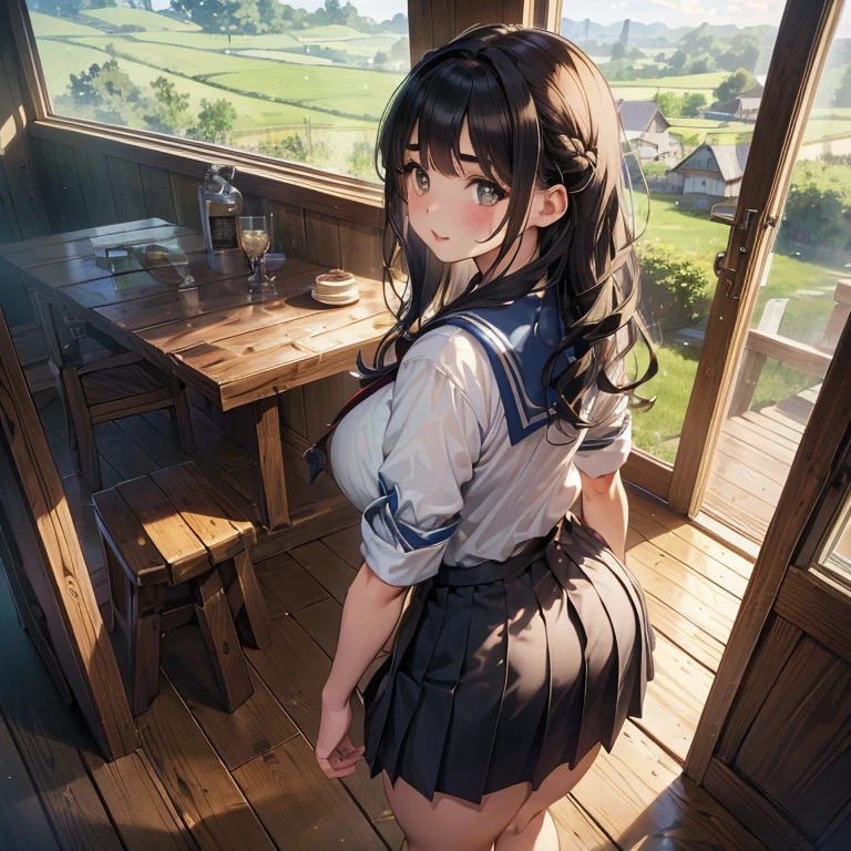 1girl in,Shot of a girl wiping a table from behind,ssmile,Super Cute,Single braid,A slender,tre anatomically correct,perfectly proportions,mini skirt apron dress,I can see a glimpse of striped bread,On the open terrace of the cafe,masterpiece,hiquality,Angle from diagonally behind,