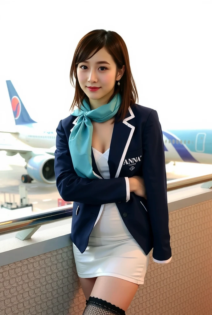 smile、(( Stewart ))、((JAL airplane ))、((airport))、( realistic plane in the background)、Thigh-length tights、(( dark blue blazer on white shirt,  sky blue silk SHORT scarf around the neck ,  mini pencil-skirt ))、(name tag with “ANNA” logo On the left chest)、 earring、 high resolution、In 8K、  prominent areola 、RAW  photos in anime colors graphs、 top quality 、masterpiece、 table top、 erotic,Knee,Small face、Big Breasted ,masterpiece, top quality 、超A  high resolution,RAW  photos in anime colors, beautiful,1 person、 very cute、 Japanese women, is standing,（ realistic：1.4）、 photon mapping、 realistic、 cute、  adult female、 written border depth、  photos in anime colors, girl 、body, beautiful LEGS,  long legs ,Thin legs、 lips, Nose Soft, I can see your thighs、no makeup, Sparkling Eyes、Glossy lips、 too bright natural light 、 brighter sun 、Too bright sunlight