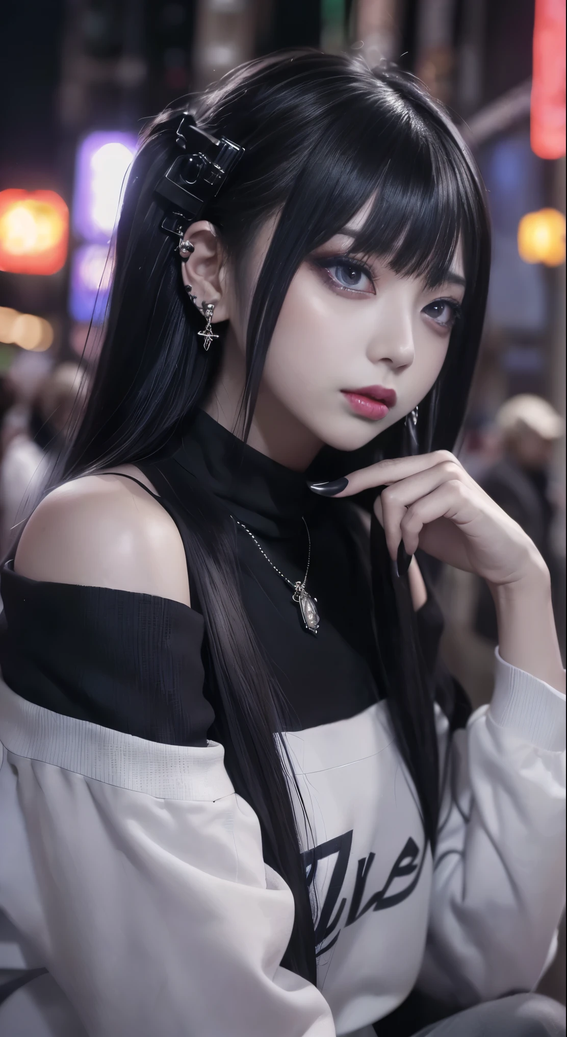 Cinema Lighting、(Key Light:The front is at a 45 degree angle , Subsidy Light、Backlight、shadow、 blue and orange color palette ), accurate human body、 Knowledgeable person 、Correct five fingers、 RAW photos、4K - ultra-vivid、 top quality , masterpiece, Super high resolution, (reality: 1.4),
(((, growing skin that exposes genitals、 realistic skin texture 、 Beautiful Skin in Every Detail、 Shiny Skin、 Shiny Skin)))、
Beautiful young people, 19-year-old girl , 魅力的な girl , クールな girl 、 girl 、 、 black mask 、((赤いHeavy makeup))、((Big Breasted )) 、 girl 1人, purple eyes, Off Shoulder Sweater Dress , Cinema Lighting、Purple and black hair、(Mine girl 、 gothic makeup 、My Makeup)、( earrings for women with first name、Big Breasted 、Oversized black t-shirt with open shoulders 、ダーク )、((Heavy makeup、, growing skin that exposes genitals、 realistic skin texture 、 beautiful long hair 、 Shiny Skin)), Dark city at night、Kabukicho、 Dark Cyberpunk 、( full shot:1.8)、Thin legs、Thin arms、Narrow shoulders、 thin waist、 slender body、Big Breasted 、whole body