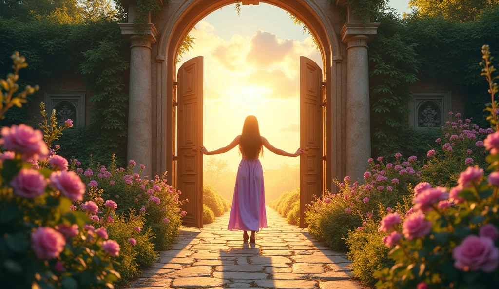 Imagine a dreamlike garden unfolding beyond a grand, open gate, bathed in warm golden light. A figure in a flowing lavender dress stands at the threshold, arms wide, embracing the beauty ahead. Richly colored flowers and lush greenery create a vibrant path leading to a bright, ethereal landscape. Capture the essence of hope, serenity, and new beginnings against a backdrop of soft clouds and radiant sunlight.

