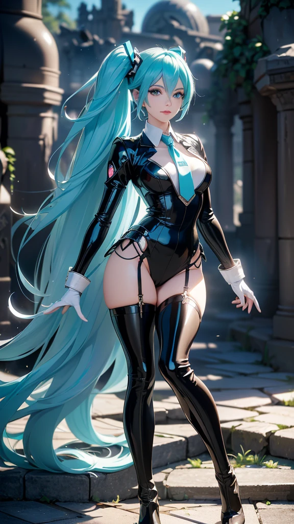 ( The best quality,A high resolution,Ultra - detailed,actual), Miku Hatsune,  big breasts, dynamic pose , pelo verde oscuro, (Colas gemelas) ,  Very long hair , Put your arms behind your back, Blue eyes,  shiny eyes , relaxed face, eyebrow hair, Shiny hair,,( Ruined Dungeon Ruins Background:1.4 ),  shiny leather, a slight smile, racing miku, Black body, short jacket,  white jacket, long sleeve, two tone gloves, thigh high boots,  round,  Beautiful detailed sky, city, street,( masterpiece: 1.4), (8K,  realistic , raw photo,  The best quality: 1.4),(Miku Hatsune:1.4), (Miku Hatsune V2.1), (details of the face: 1.5,  bright blue eyes ,  beautiful face , beautiful eyes, Iris contour, thin lips: 1.5, thin, sharp pale eyebrows, long, dark eyelashes, double tabs),