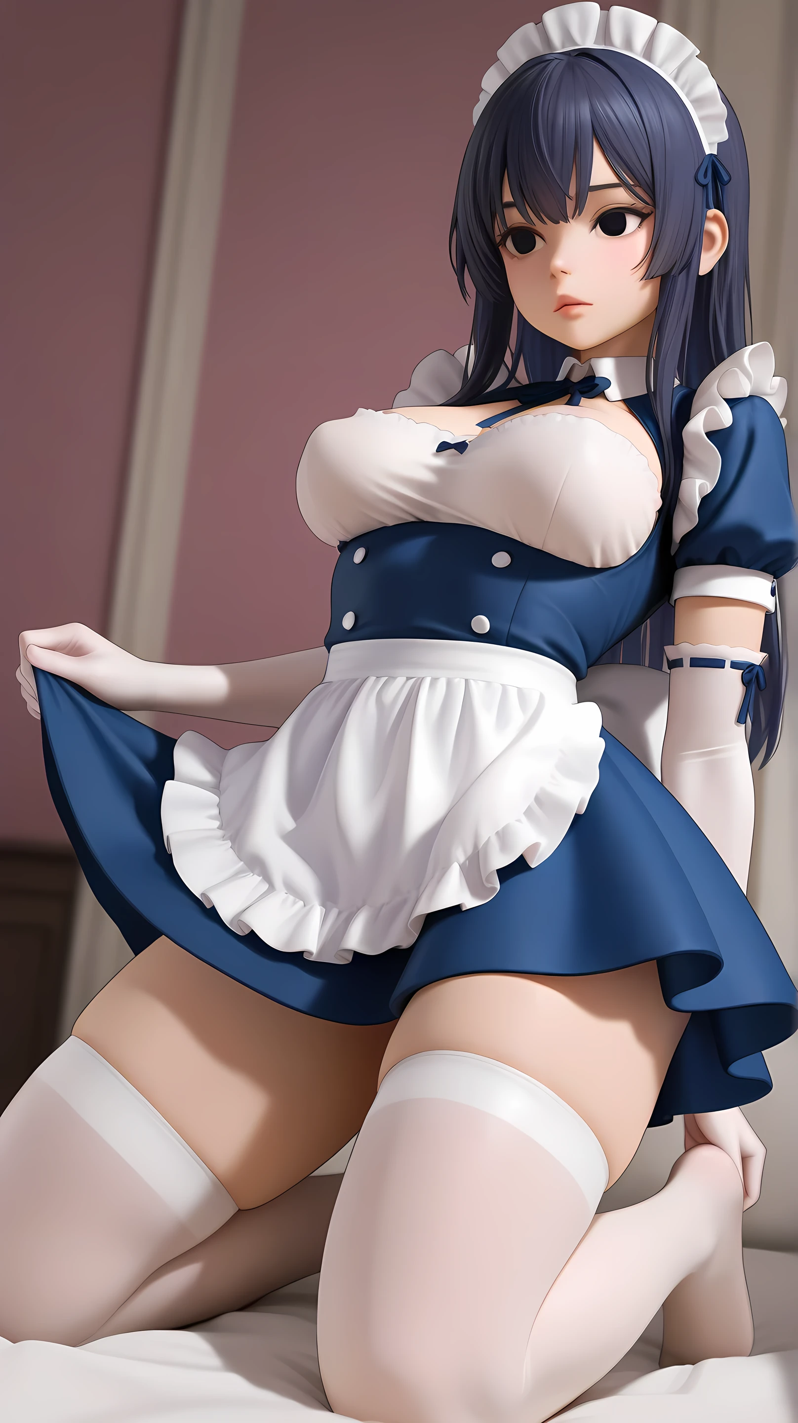  A girl,  medium breasts, Japanese smelly eyes, fringe,  elbow length gloves,  knee-high socks, Realistic lights,  detailed eyes ,  Athletic body, Wearing a short blue maid dress,  big boobs,  long hair,  thick legs , short woman ,  Sensual Pose, art with outline,  open legs , close, View under the dress, kneeling, close up of breasts,  view from the back