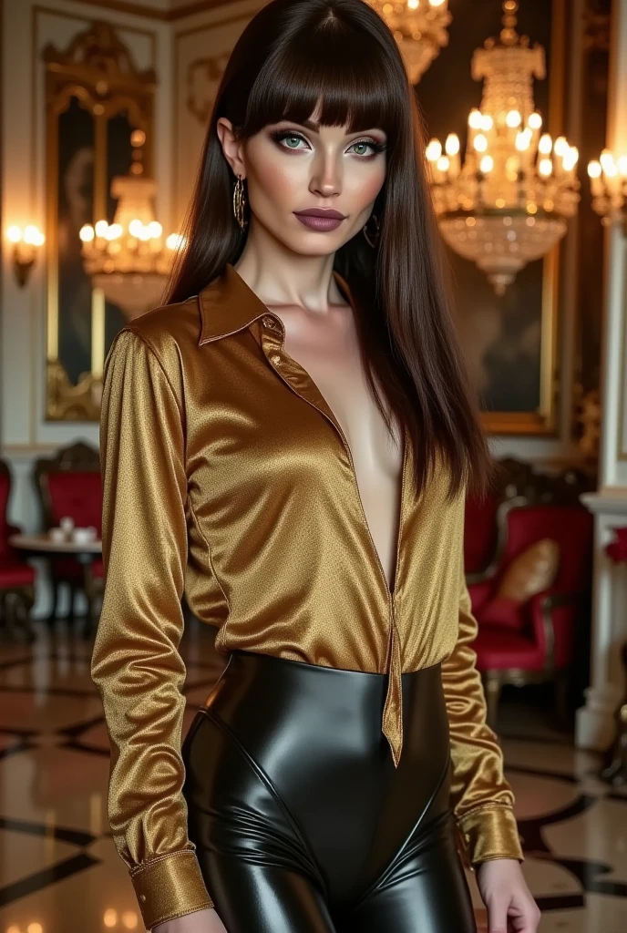 arafed woman in gold shirt and black glossy latex pants posing in a room, silk, satin, black, inspiration, onyx, amber, anja millen, wearing silk, essence, victoria, elegant style, detailed realistic skin texture, realskin, silky, silky garment, lookbook, v-shaped bangs, Palace of Versailles, Hall of Mirrors