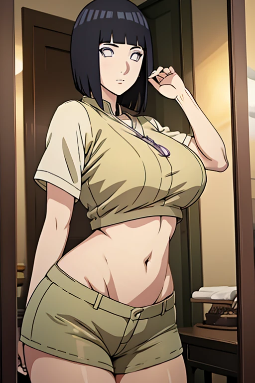 Hinata Hyuga short black hair white eyes medium tits healed abdomen thick thighs big butt green shorts thick thighs sexy short yellow blouse in front of the mirror