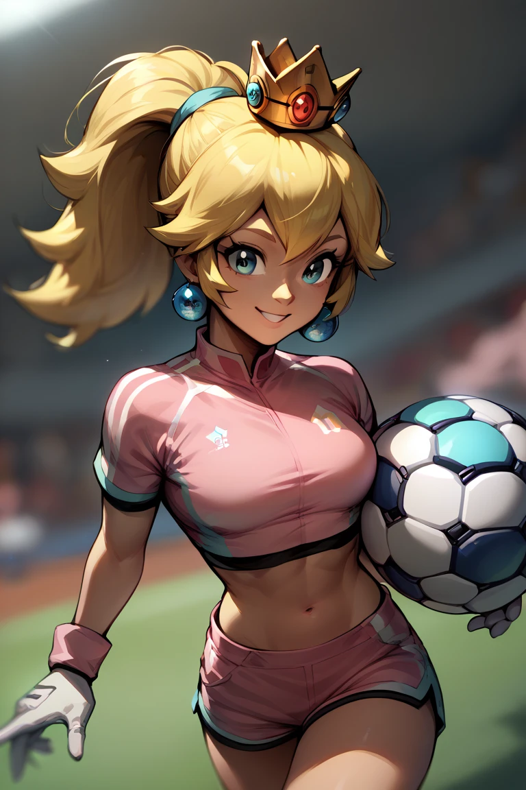 IncrsPchStriker, long hair, ponytail, sportswear, midriff, crop top, navel, soccer uniform, short sleeves, short shorts, pink shirt, white gloves, crown, jewelry, earrings, smile