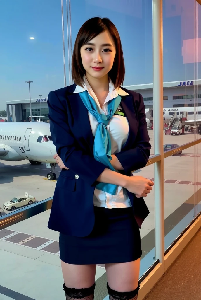 smile、(( Stewart ))、((JAL airplane ))、((airport))、( realistic plane in the background)、Thigh-length tights、(( dark blue blazer on white shirt,  sky blue silk SHORT scarf around the neck ,  mini pencil-skirt ))、(name tag with “ANNA” logo On the left chest)、 earring、 high resolution、In 8K、  prominent areola 、RAW  photos in anime colors graphs、 top quality 、masterpiece、 table top、 erotic,Knee,Small face、Big Breasted ,masterpiece, top quality 、超A  high resolution, RAW  photos in anime colors, beautiful,1 person、 very cute、 Japanese women, is standing,（ realistic：1.4）、 photon mapping、 realistic、 cute、  adult female、 written border depth、  photos in anime colors, girl 、body, beautiful LEGS,  long legs ,Thin legs、 lips, Nose Soft, I can see your thighs、Show me your cleavage, no makeup, Sparkling Eyes、Glossy lips、 too bright natural light 、 brighter sun 、Too bright sunlight