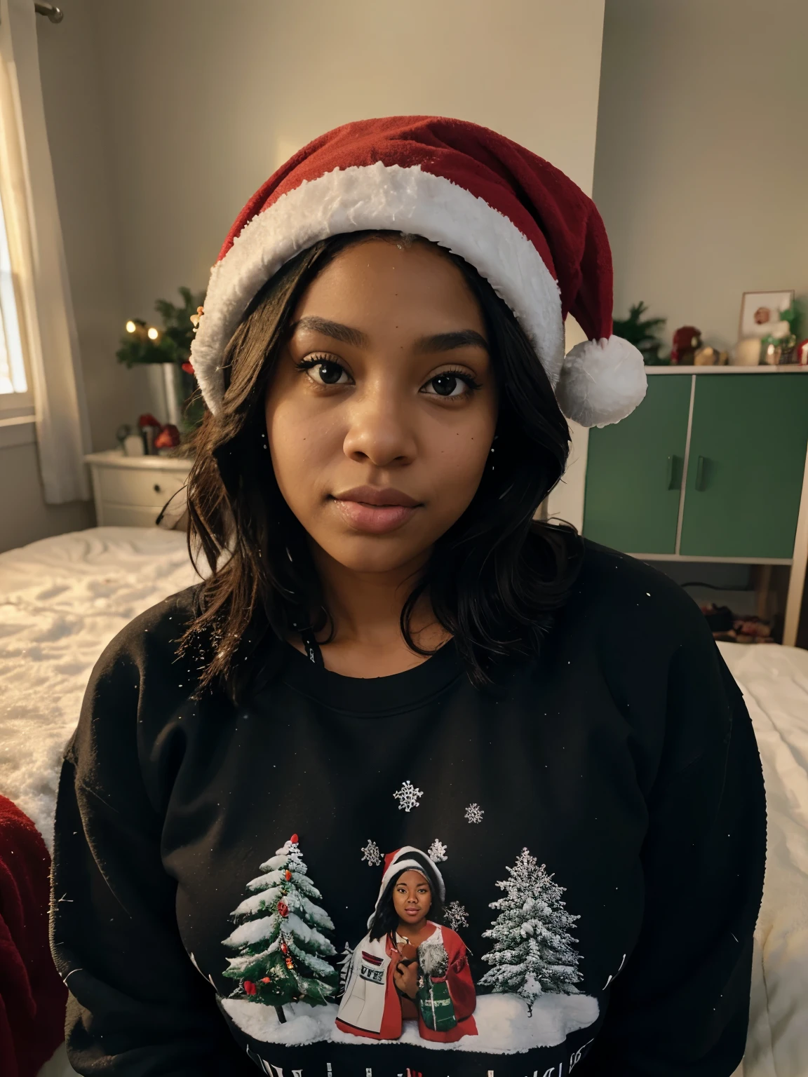 Uma mulher usa uma camiseta branca, mulher negra, pele escura, jovem africana, In a studio with white background , com um gorro de natal, wearing a red Christmas hat surrounded by gifts in an undecorated white room, usando uma camiseta sem estampa.she's facing the viewer, com o gorro de natal, camiseta superbranca sem desenhos ou letras, pele preta, cabelo crespo, cabelo encaracolado, menina africana negra, basic hering style tshirt