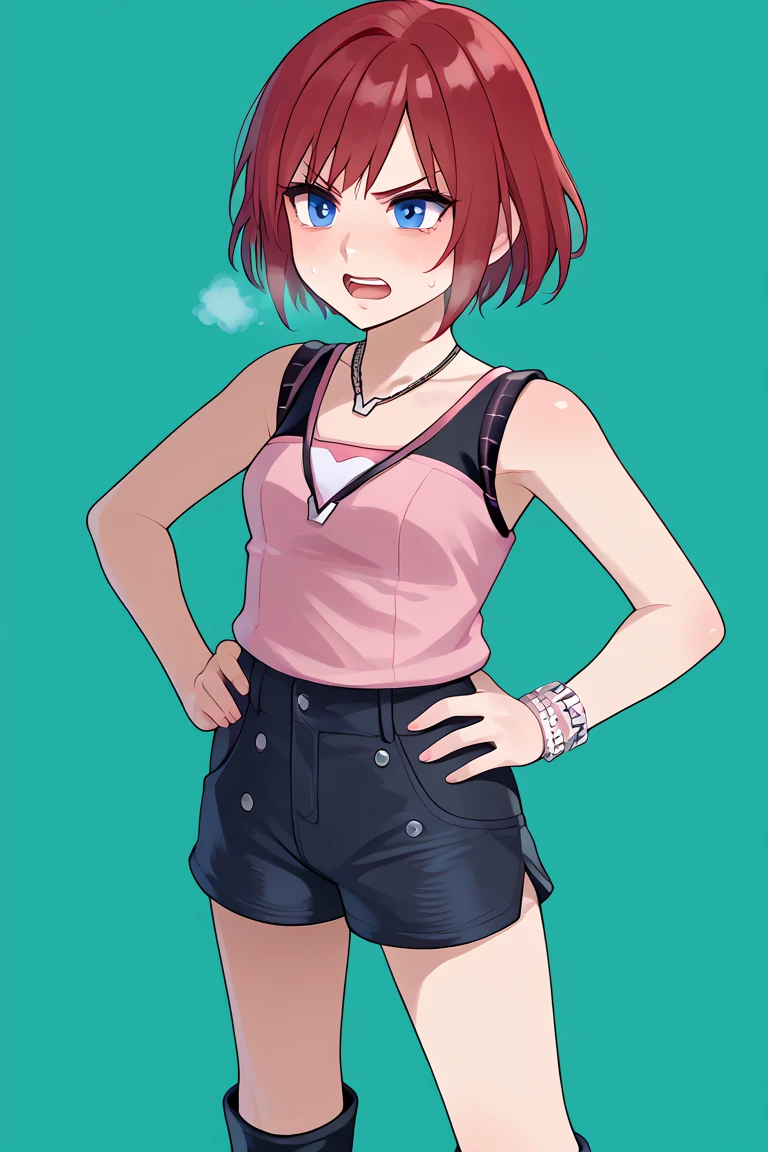 score_9, score_8_up, source_anime, highly detailed, 1girl, solo,
kairi, 1girl, solo, blue eyes, jewelry, boots, necklace, short hair, red hair, pink tanktop, black short shorts, half body,
outdoor, hands on hips, out of breath, sweaty, frustrated expression,  open mouth