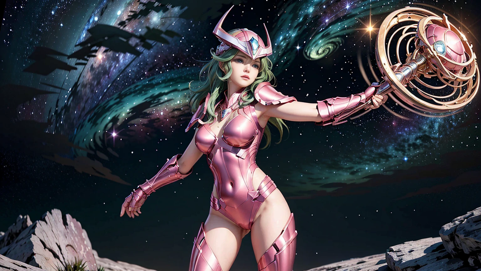 masterpiece, best quality, ultra high res, realistic skin texture, armature, photorealistic, high resolution, raw photo, shiny skin, realistic skin texture, best lighting, sparkle, dramatic lighting, dynamic pose, Greek temple background, night sky, cosmos, milky way, 1girl, balanced eyes, Andromeda Shun, pink armor, roman skirt plate, breast plate, cleavage, red hair, pink helmet, blue eyes, looking at viewer, large breast, slight smile, chains