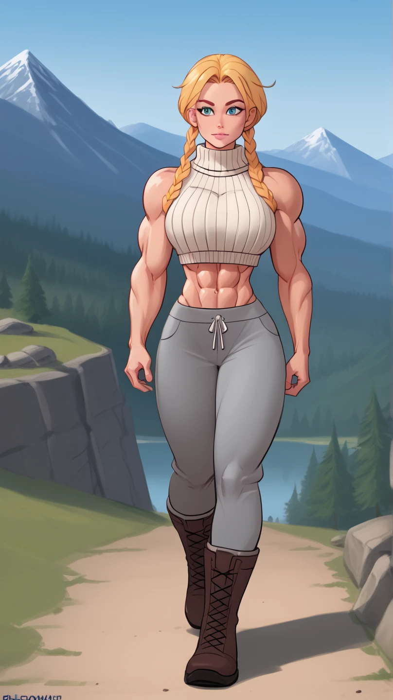 Fullbody view, hypermuscular 40 yo milf, small flat breasts, muscular chest,  ((pectorals: 2.0)), massive bulky extremely muscular, breathtakingly beautiful muscle woman, steel-hard hypermuscular body, gentle feminine, muscular powerful bodybuilder physique, perfect flawless musculature, wearing  (outdoor outfit), hiking boots, bagy pants, warn sweater,  (survivalist: 1.3), muscular arms, mountains andforests,  misty ((outside))