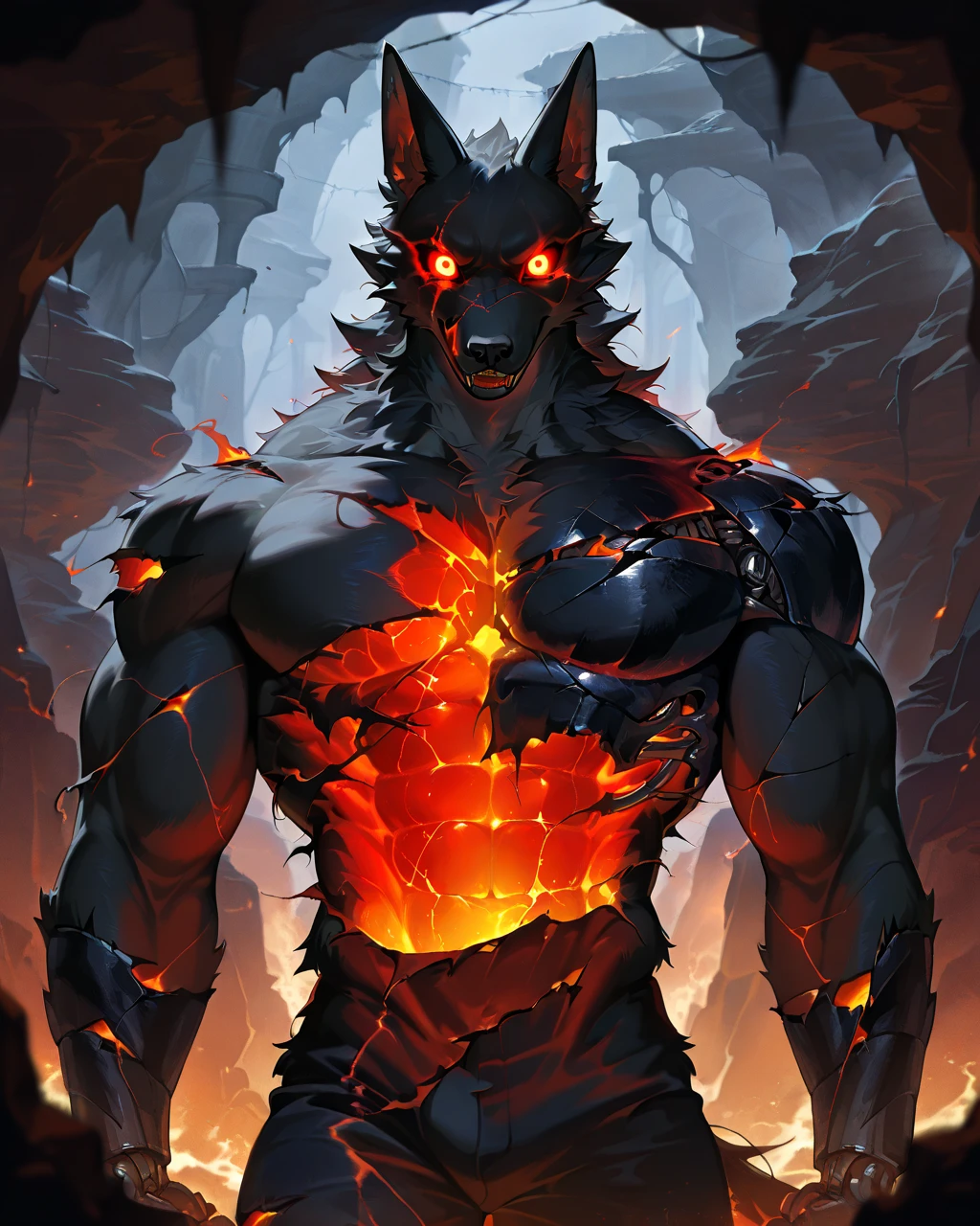 Best Quality, masterpiece, Ultra High Resolution, Detailed Background, (furry male), ( Black Cerberus furry ), metalic body, demonic, underground cave scenery, red glowing eyes, two pair of eyes, Anubis, muscle, (damaged belly:1.2, cracked arms:1.2), cracked chest, solo, male, infernal runes, with black fur, mechanical body, perfect proportion, good anatomy, perfect anatomy