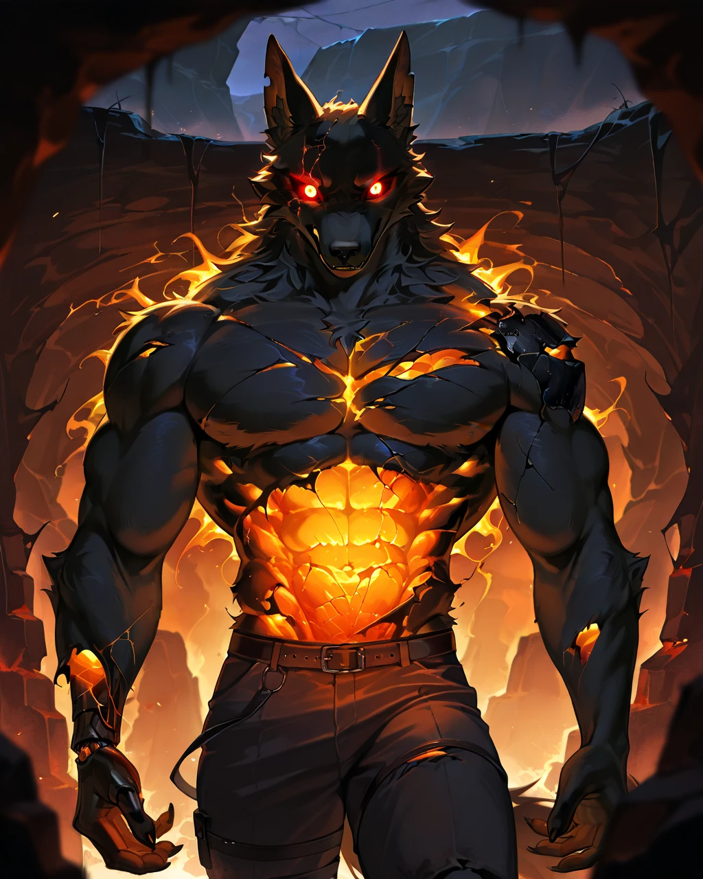 Best Quality, masterpiece, Ultra High Resolution, Detailed Background, (furry male), ( Black Cerberus furry ), metalic body, demonic, underground cave scenery, red glowing eyes, two pair of eyes, Anubis, muscle, (damaged belly:1.2, cracked arms:1.2), cracked chest, solo, male, infernal runes, with black fur, mechanical body, perfect proportion, good anatomy, perfect anatomy