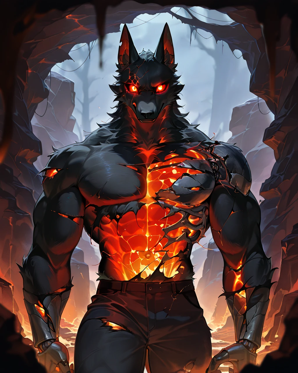 Best Quality, masterpiece, Ultra High Resolution, Detailed Background, (furry male), ( Black Cerberus furry ), metalic body, demonic, underground cave scenery, red glowing eyes, two pair of eyes, Anubis, muscle, (damaged belly:1.2, cracked arms:1.2), cracked chest, solo, male, infernal runes, with black fur, mechanical body, perfect proportion, good anatomy, perfect anatomy