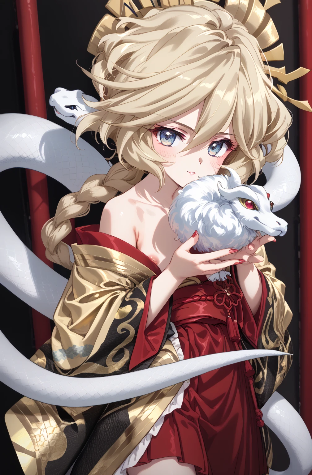 (Carol Malus Dienheim,symphogear),(one braid long blondhair,),(ten years old,very very cute girl,),(Wearing a Japanese golden kimono,),The only character is a girl,),Pale skin,naked,Masterpiece,(full length),(Five fingers,Perfect fingers,beautiful fingers,Perfect hands,perfect eyes,beautiful eyes,),year of the snake,shrine background,