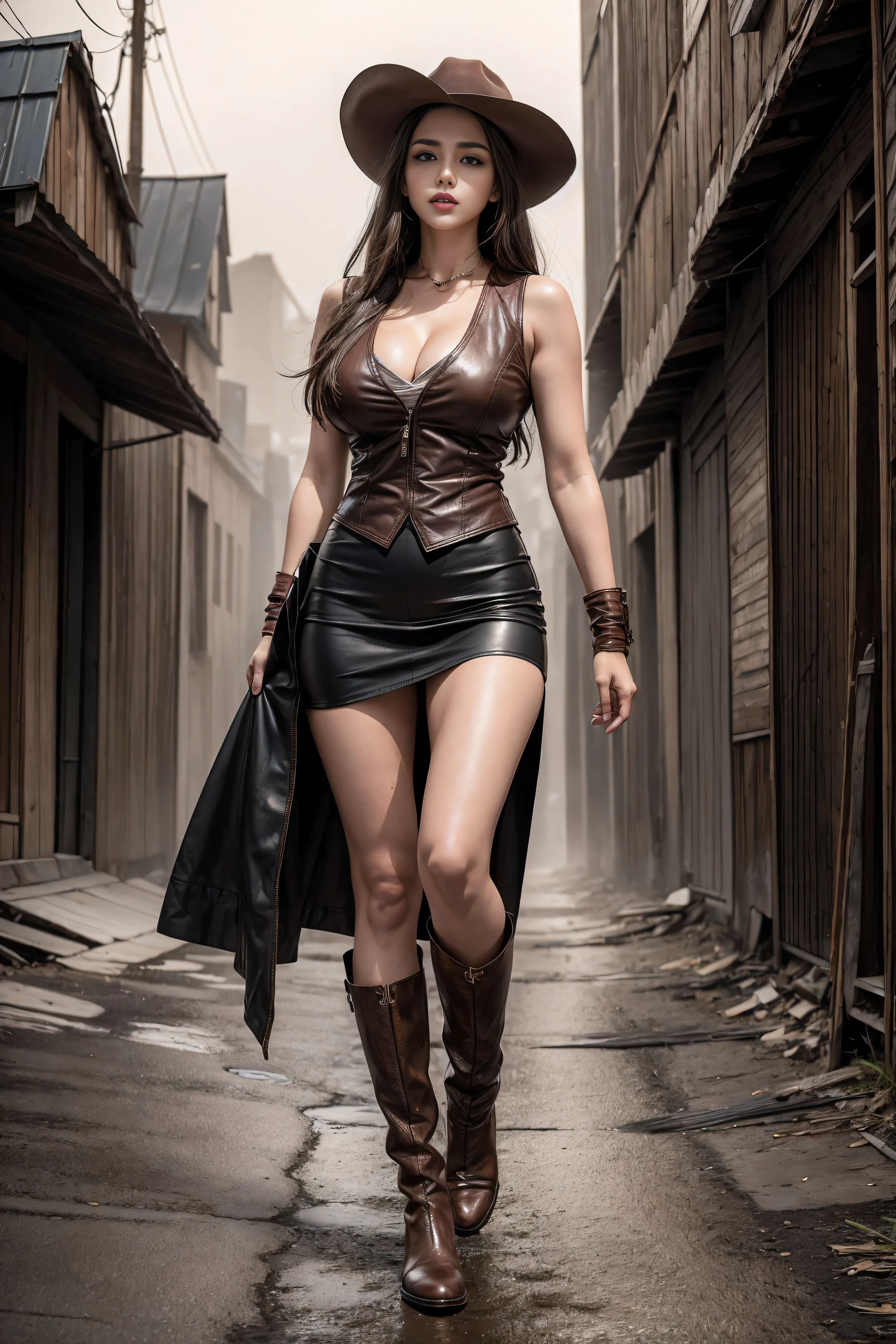 Full body cowboy woman circa 1880s, Brown long straight hair, Brown eyes, High arched eyebrows, Slender and graceful neck, Red lips, Large Breasts, Brown Leather Tights, Sleeveless Brown Leather Vest, Leather Boots, Walking on the dusty sandy streets of a deserted North American town,The wind blew through her hair, Practical, photoPractical, photoPractical, fear, Dark gloomy atmosphere and dramatic lighting, dark red, Foggy environment, Detailed facial expressions, Terrible fog