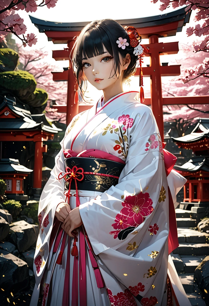 cool beauty, vivid and seductive expression, superlative great body proportion, wearing pink and white Japanese shrine maiden costume, set against a background of typically Japanese scenery and accessories, iridescent glitter gold dust flying about, professional and perfect composition, extremely delicate depiction, extremely clear image, various effects, bold and dynamic, contrasts of light and shadow, 2.5D, artistic photography, hyper realistic, ultra detailed, absolutely resolution, masterpiece