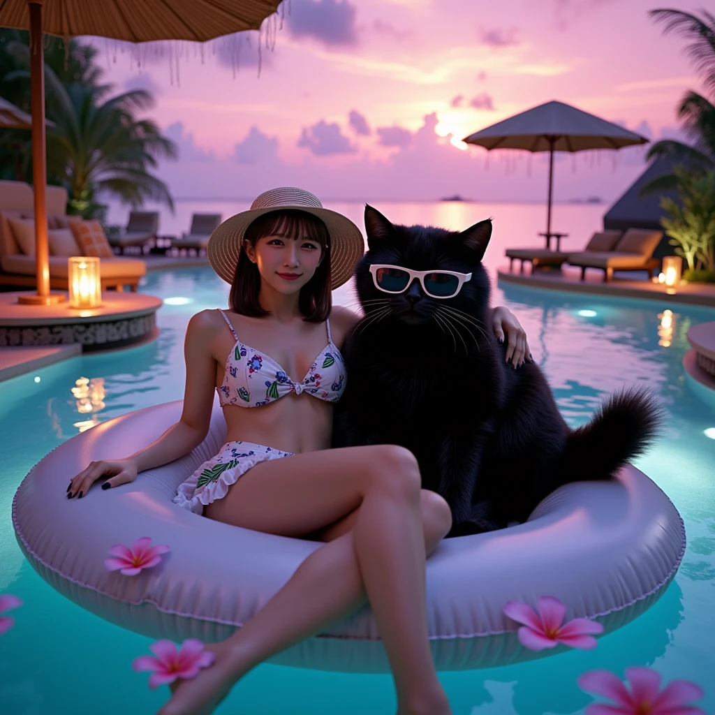 ultra-realistic, photorealistic, dramatic scene, shadow, global-illumination, solo, 1 girl\( 20 years old Japanese beautiful girl, beautiful with cute face, wearing a cute dot patterned bikini with frills, shoulder-length brown hair, accessories, elegant hat, sunglasses, closed eyes with smile\), 1 human-like giant black cat\( human-like giant black cat, wearing tropical patterned swimming trunks, slight taller than the girl, with her, sunglasses, little chubby\), the girl and human-like giant black cat are lying on the large float and floating on the pool in the luxury resort hotel in Maldives, gorgeous stylish furnishings, famous 5-star hotel, amazing view of the ocean with private beach, parasols, extremely beautiful sunset, purple and pink sky, (shoot from above), many beautiful tropical flowers are floating on the pool, candle,