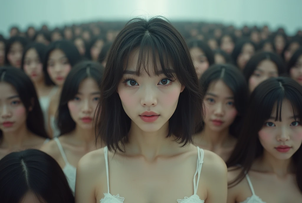 (((((Japanese Clone girls=Myself)))))), (((Best Super High quality Myself Clone girls Raw Photography Art))), (16K, Highest quality, Ultra-high resolution, RAW Photos), (((It's so unrealistic., With unparalleled depiction, With an unfathomable sight, An unprecedented and shocking worldview, Clone girls in a world of mass reproduction, Ultra-realistic))), (((Japanese, woman, 20yo, Saito-Asuka))), (Small face, ((Thick black hair, Semi-long hair))), ((V-neck short-sleeve dress)), (((((Very detailed美しい女体, Accurate body structure, Very detailed完璧な, Super busty body with very large breasts, Clearly emphasizes cleavage))))), (((Dark Eyes, Mature face, Cute Smile, A gentle gaze))), (((Her happy and smiling expression is so cute))), ((((((((Very detailed分身増殖描写, ((1girl→Myself cloning→1,000,000,000,000,000,000,000,000,000,000,000,000,000,000,000,000,000,000,000,000Myself Clone girls)))))))))), ((((((((Very detailed, The precise depiction of the proliferation of Myself Clone girls, ((With the perfectly identical bodies of Myself clone girls, With the exact same face as the Myself clone girls, With the exact same hairstyle as the Myself clone girls, In the exact same clothes as the girls who are my clones, Perfectly the same height as the Myself clone girls, Super big breasts, just like the Myself clone girls)))))))))), (((Myself clone girls only))), (((Multiple pairs, Very detailed depiction, (A group of Myself clone girls hugging each other, A large gathering of Myself clone girls, Fun conversation with the crowd of Myself clone girls, Happy conversation with the crowd of Myself clone girls, Myself clone girls holding hands, Multiple Myself clone girls walking together in a crowd, turn around, look at me, The approaching crowd of Myself)))), (((Everyone looks at the camera))), (((Unbelievably crowded, Transcendent Myself clone girls intimately, Countless Myself clone girls surround you in 360 degrees))), (Bright, soft sunlight), (((Very wide field of view, Very detailed, Detailed ultra-perspective depiction with clear depth, super wide view))), (((((A place where multiple Myself armies join together))))), (((Very photographic and detailed depiction, Myself clone girls will multiply infinitely and fill the surroundings from one side to the horizon with their bodies tightly packed together without any gaps., A scene of endless Myself clone girls, giving a happy vibe.))), (Focus on the average value of the image)