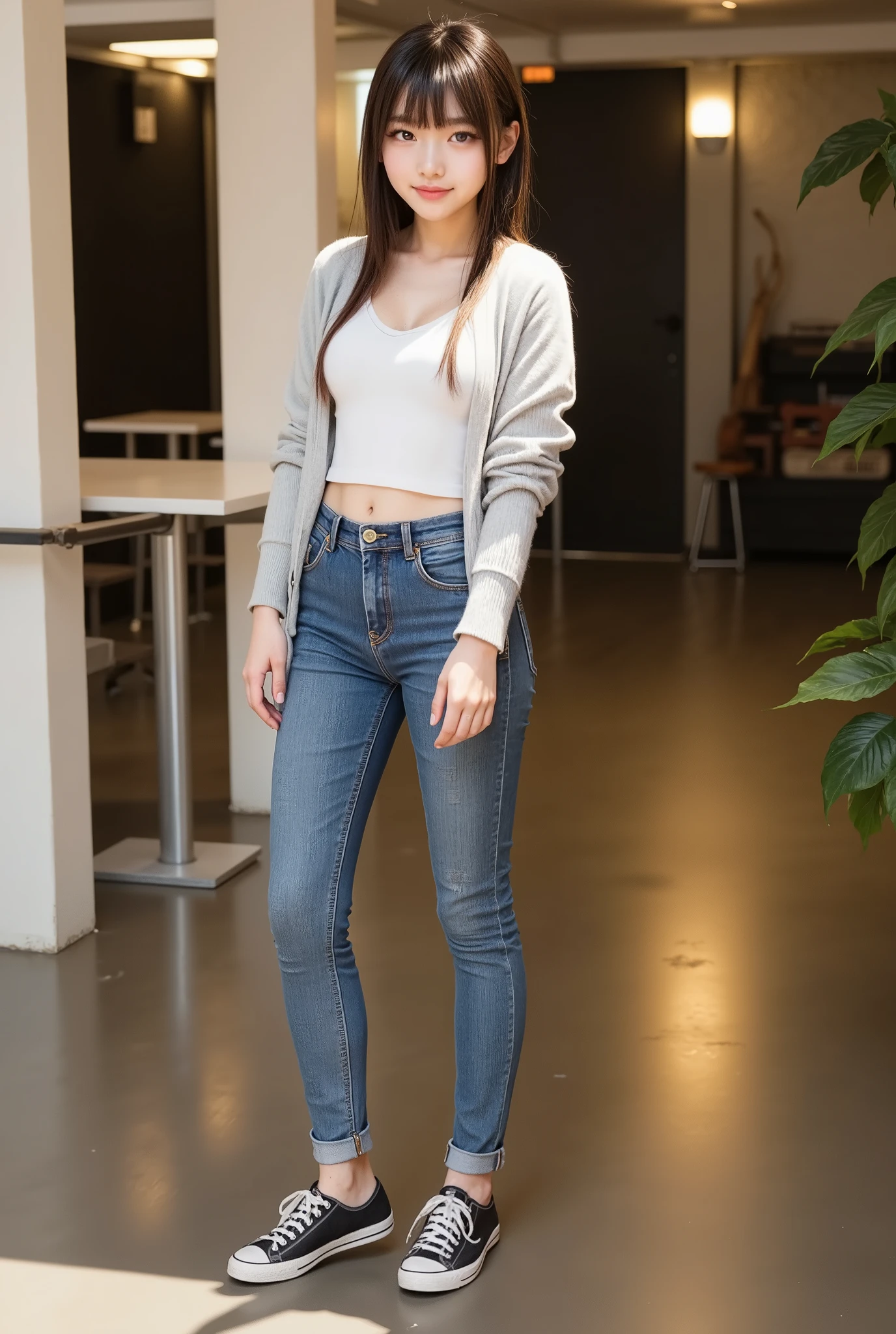 upper real , photorealistic , she looks very happy 、 Global Pi Illuminations , alone, (Teenage Japanese Girl:1.5), very beautiful and delicate Japanese girl , black hair、Hairstyle braids、very beautiful、 smile 、ダウンコート、 long sleeve blouse 、 pants style 、スキニーデニム、薄いパンスト、 スニーカー、facing forward, full body photo ,