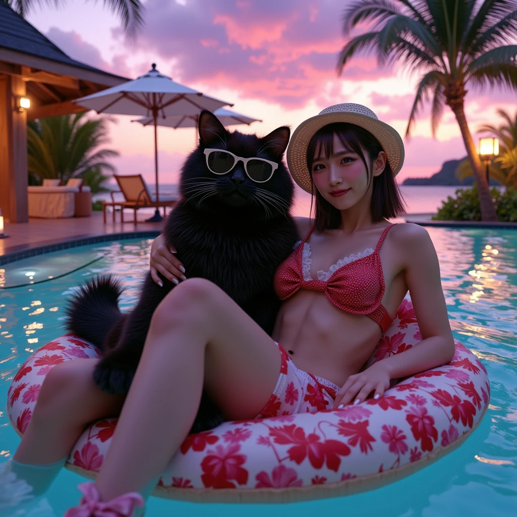 ultra-realistic, photorealistic, dramatic scene, shadow, global-illumination, solo, 1 girl\( 20 years old Japanese beautiful girl, beautiful with cute face, wearing a cute dot patterned bikini with frills, shoulder-length brown hair, accessories, elegant hat, sunglasses, closed eyes with smile\), 1 human-like giant black cat\( human-like giant black cat, wearing tropical patterned swimming trunks, slight taller than the girl, with her, sunglasses, little chubby\), the girl and human-like giant black cat are lying on the large float and floating on the pool in the luxury resort hotel in Maldives, gorgeous stylish furnishings, famous 5-star hotel, amazing view of the ocean with private beach, parasols, extremely beautiful sunset, purple and pink sky, (shoot from above), many beautiful tropical flowers are floating on the pool, candle,