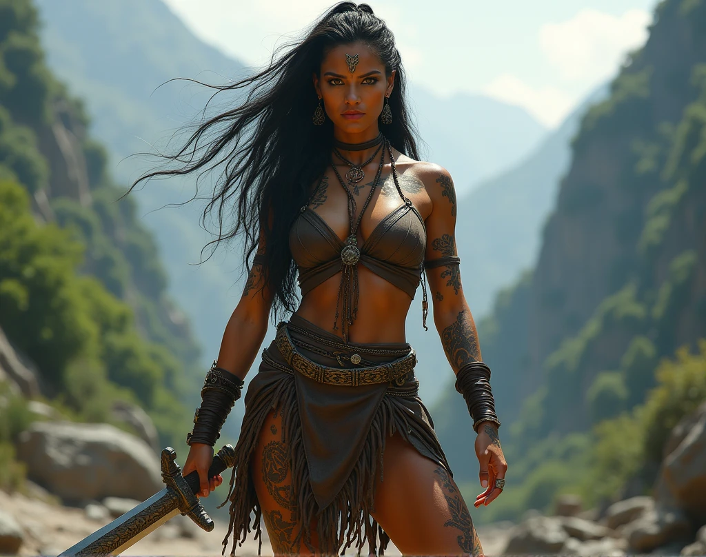 A female Amipa warrior holds a sword and takes off her upper garment., The appearance of training