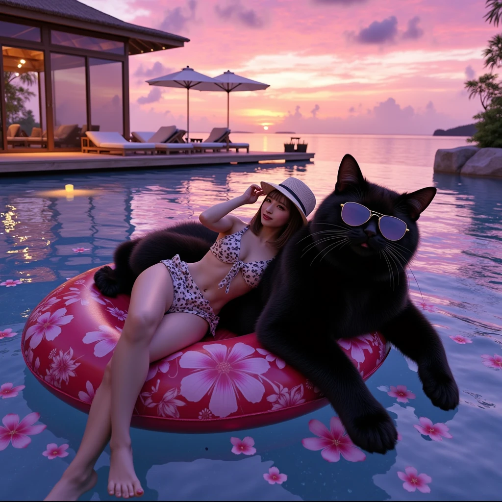 ultra-realistic, photorealistic, dramatic scene, shadow, global-illumination, solo, 1 girl\( 20 years old Japanese beautiful girl, beautiful with cute face, wearing a cute dot patterned bikini with frills, huge breasts, shoulder-length brown hair, accessories, elegant hat, sunglasses, closed eyes with smile\), 1 human-like giant black cat\( human-like giant black cat, wearing tropical patterned swimming trunks, slight taller than the girl, with her, sunglasses, little chubby\), the girl and human-like giant black cat are lying on the large float and floating on the pool in the luxury resort hotel in Maldives, gorgeous stylish furnishings, famous 5-star hotel, amazing view of the ocean with private beach, parasols, extremely beautiful sunset, purple and pink sky, (shoot from above), many beautiful tropical flowers are floating on the pool, candle,