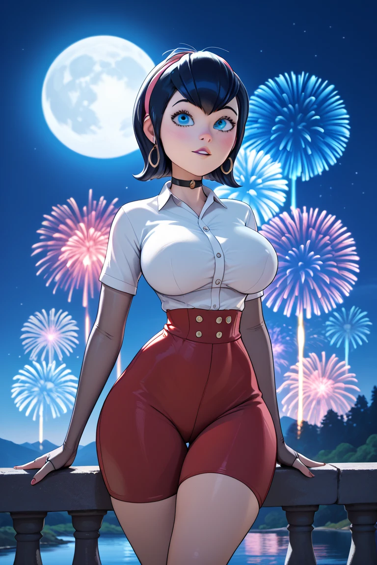 Make Mavis with big breasts thin waist and wide hips big ass at full moon night scenery fireworks in the sky white vented white peace short glued to the body