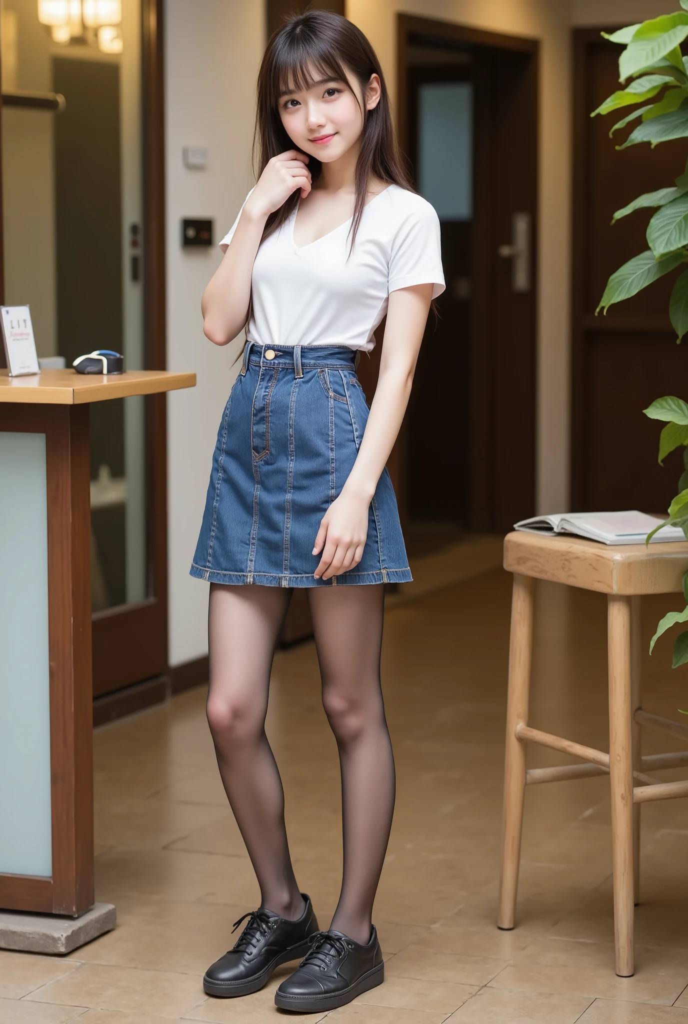upper real , photorealistic , she looks very happy 、 Global Pi Illuminations , alone, (Teenage Japanese Girl:1.5), very beautiful and delicate Japanese girl , black hair、Hairstyle braids、very beautiful、 smile 、ダウンコート、 long sleeve blouse 、 pants style 、スキニーデニム、薄いパンスト、 スニーカー、facing forward, full body photo ,