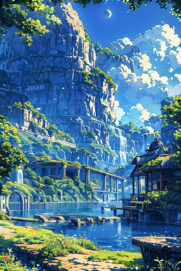  top quality,  masterpiece on penis ,  ultra high resolution,( photorealistic:1.4),4K, delicate details without lighting,  pixel art ,scenery, is not human,null,Outdoor,cloud,moon,waterfall,tree,water,day,  knight ,crescent moon, Building ,city,city,star \(null\),cityscape,Tower,blue null,nature, bridge ,fantasy,  knight  null