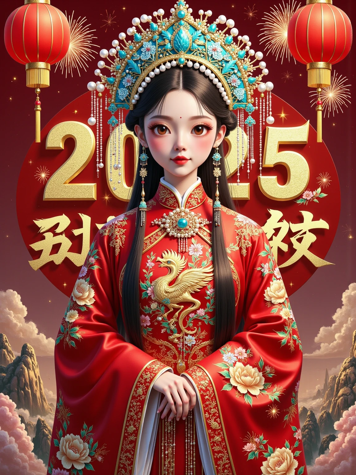 Splashed ink gold foil ，Sprinkin， freehand Chinese style gongbi characters and scenes ，lantern，fireworks， enamel cloisonne craft carving oversized text “2025 Happy New Year”， Text filled with cloisonne flowers ， outline the text with thick gold edges ，背景用 red蛇鳞片铺满，Cloisonné material，Rock Color， red、gold、 turquoise color ， ultra-fine detail painting ，Gold Thread，Gold Thread描边， rich in detail ， red背景，High Saturation，1girl， Guofeng girl with a strong temperament ， The crown of the Ming dynasty It matches the girl's fancy dress ，Celebrating Chinese New Year，凤冠闪耀着gold光芒， The top is embroidered with a realistic phoenix pattern ， The pink blush is like a sunset in the sky ， layered on the skirt 、 like a blooming flower 、The warmth of jade 。 Phoenix feathers are outlined with gold and silver thread ， the depth of the blue sapphire wobbles ， adding a bit of sweetness to her ， with flowing colorful clouds ， Embroidered with realistic phoenix patterns ， The girl's red Chinese style costume ， Every line highlights exquisite craftsmanship ，少女的 red中式国风服装，袖口绣着gold的花纹， like a ruby ，( made of fine silk )，( Guofeng girl with a strong temperament )， She has curved willow leaves and bright eyes ， The edge is decorated with a small bell ， Phoenix crown shines with a golden glow ，fireworks在空中绽放，lantern散发着温暖的光芒， Surrounded by gorgeous jewels ，Spring Festival couplets festive background ，Full body portrait，Multi-angle display， Ultra HD ，8k， shows the beauty of the national style ，Vision，Wide-angle lens