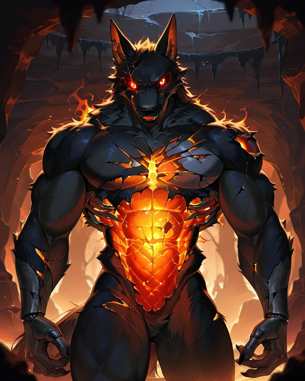 Best Quality, masterpiece, Ultra High Resolution, Detailed Background, (furry male), ( Black Cerberus furry ), metalic ribs, demonic, underground cave scenery, red glowing eyes, two pair of eyes, Anubis, muscle, (damaged belly:1.2, cracked arms:1.2), cracked chest, solo, male, infernal runes, with black fur, mechanical body, naked, perfect proportion, good anatomy, perfect anatomy