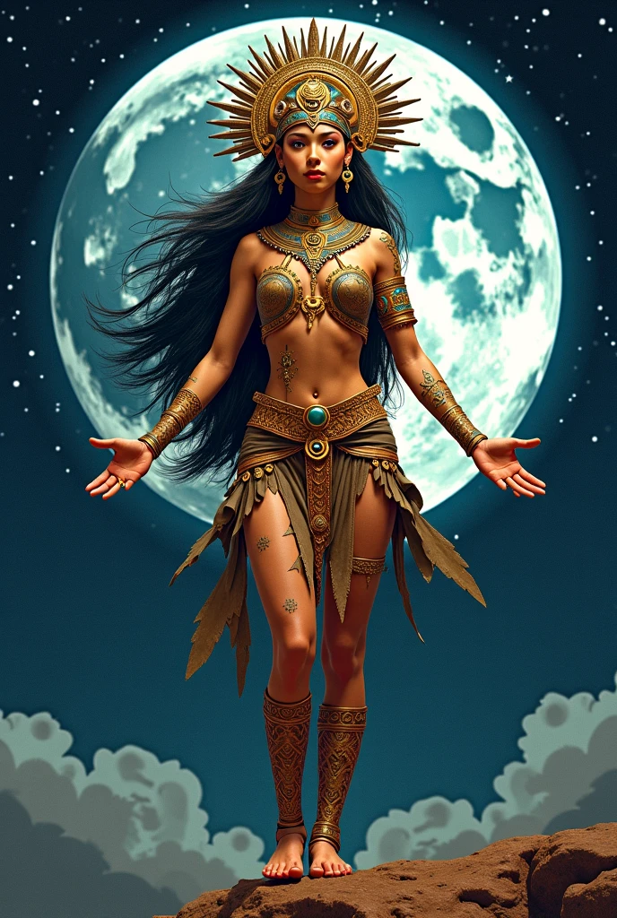 There is a woman who is standing on a rock with an owl, Goddess of the Hunt and the Moon, Deusa da Lua, Deusa da Lua, deusa lunar, Also known as Jaci , Retrato de uma deusa tupi da lua, Mito tupi pintura digital, realistic fantasy illustration, mulher da fantasia, feiticeira bonita, uma bela feiticeira, albina, jungle girl, amazonia brasil