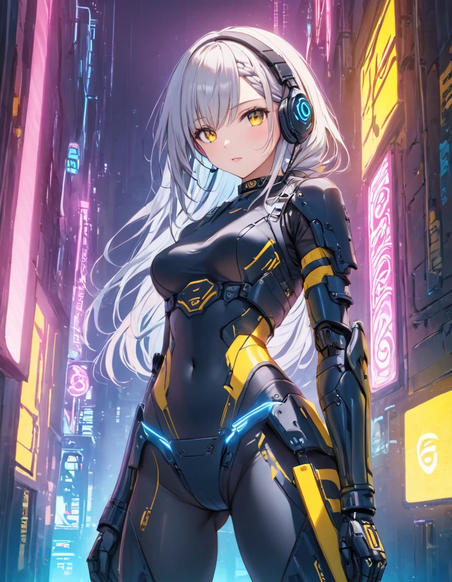 masterpiece, top quality , perfect face, Highest Resolution, 1 girl, young, slender body, grayish white hair color, long hair, One Side Braided Grated , Big cat eyes , upturned eyes, chrome yellow color eyes, cyberpunk, iron blue mechanical arm guards, iron blue mechanical leg guards, Black body armor, Expose Shoulder, Expose thighs, mechanical headset, Black Ribbon Choker, neon city
