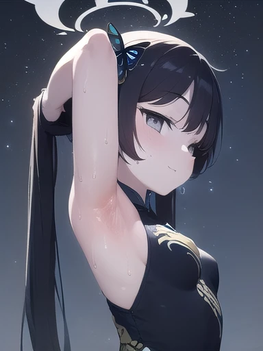 ( masterpiece,  better quality), 1 girl, pale skin,   Kisaki,  gray eyes, cabello negro,  hair bow ,  Doble bollo,  twintail ,  butterfly-shaped hair ornament, halo,, Chinese dress,  black dress,  sleeveless,  dragon print , Gloves,  Closed mouth , Alone, Cowboy shot,  night sky, playa,  arms behind the head , contrasted, extended armpits ,  looking at the spectator,  better quality, smile, (show off armpits,upper body:1.4),arm up, raised arm, armpit, (from side, from below:1.4), Wet skin, sweat,  steam 