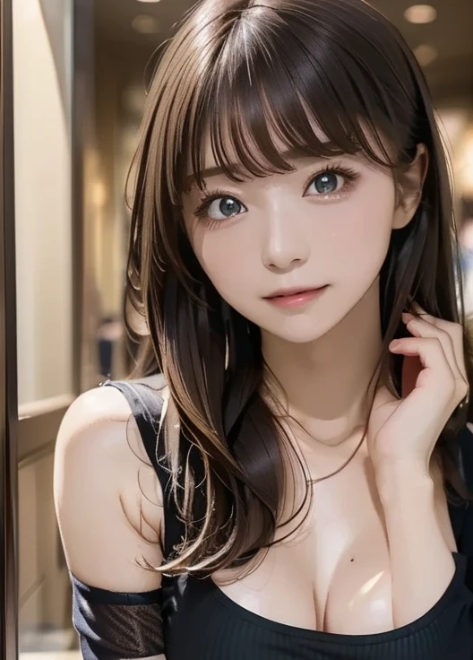 (8k,  super A high resolution,  top quality , masterpiece:1.2)、RAW PORTRAIT OF A GIRL 、 super A high resolution、 top quality 、 ( Busty 、 stick out your chest)、｛Hide the chest:1.35｝、(In town:1.2)、( natural skin texture 、 detailed skin、 hyperrealism、 Ultra Sharpness )、 intricate detail、 depth of writing、 sexy adult woman 、((​masterpiece、 top quality 、 high detail))、( Photorealistic:1.4)、solo、 close your mouth、 smile happily、 Big Eye、Strong mid-range shot from a clear double eyelid 、 eyelash 、Long neck、 absolute domain、Clean collarbone、perfect face、 thin lips、 small face、( lip gloss:1.1)、  YOUNG WOMAN BEHIND EXTRAORDINARY BEAUTY、 Super cute woman 、 Beautiful Legs