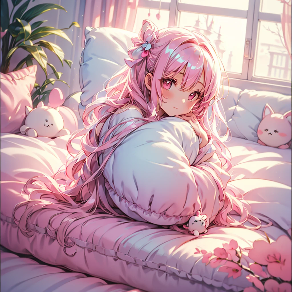 Chibi、 cute girl loungewear loungewear、 happy、Heartwarming、Relaxed、 macaron cushion 、Princess bed 、 white and pink cute room 、Cute girl lounging around wearing milky white and cherry gradation hair color 、cute fluffy pet 、