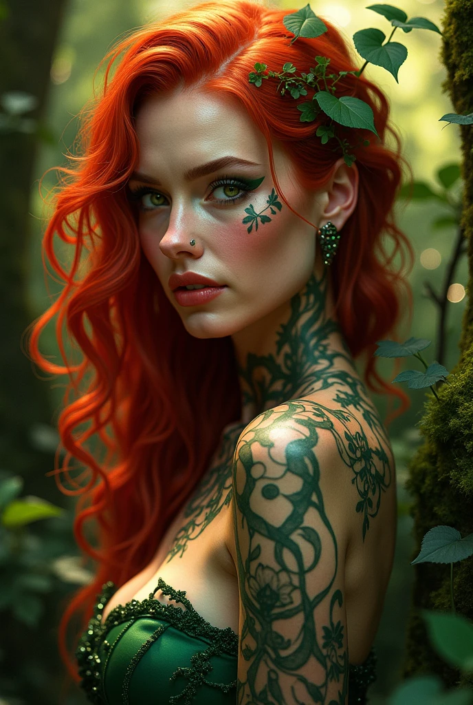 large format 8k quality, (full body shot of a woman:1.8) , with red hair and tattoos posing in a green vine, in the jungle covered in fractal vines, anthropomorphic plants, cinematic lighting, shot on ARRI ALEXA 65 with 50mm lens