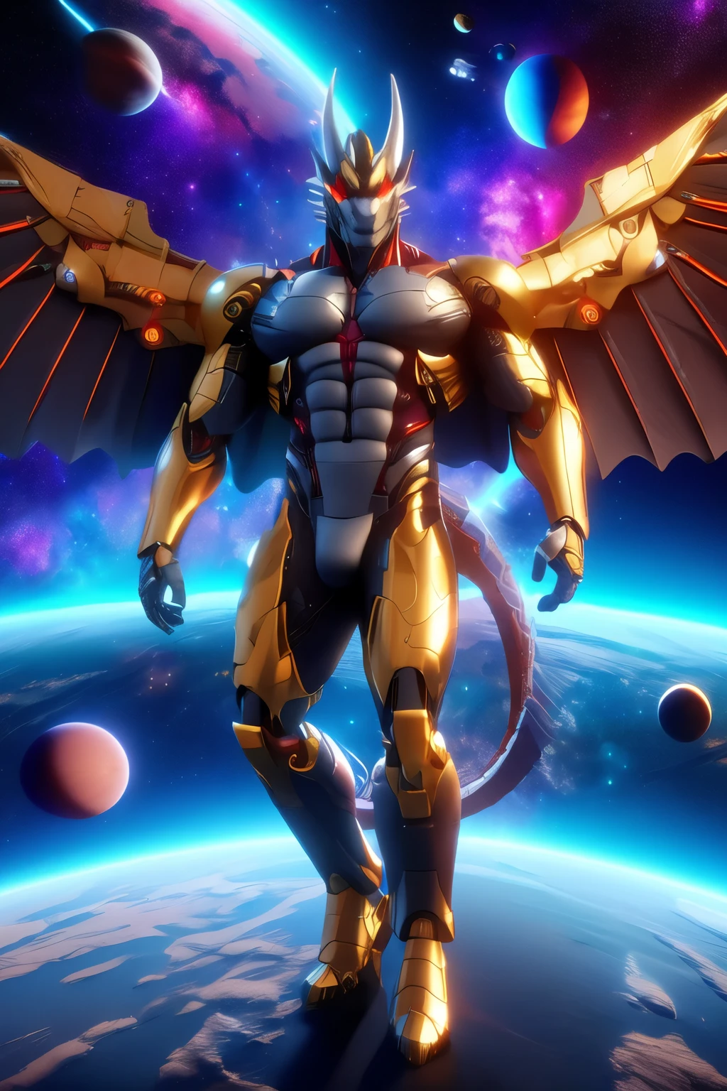 a legendary cyborg lord Dragon male digital flying over outer space a background with all the planets in the galaxy golden cyborg wings serious expression muscular sexy. 3D Unreal Engine 9
