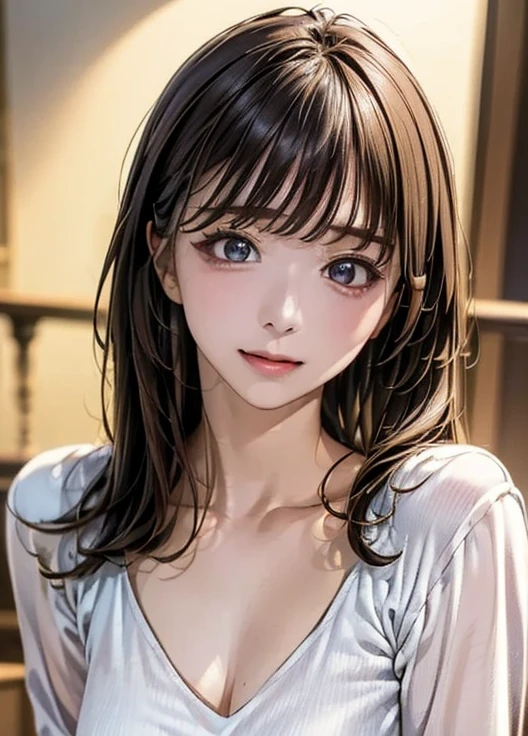 (8k,  super A high resolution,  top quality , masterpiece:1.2)、RAW PORTRAIT OF A GIRL 、 super A high resolution、 top quality 、 ( Busty 、 stick out your chest)、｛Hide the chest:1.35｝、(In town:1.2)、( natural skin texture 、 detailed skin、 hyperrealism、 Ultra Sharpness )、 intricate detail、 depth of writing、 sexy adult woman 、((​masterpiece、 top quality 、 high detail))、( Photorealistic:1.4)、solo、 close your mouth、 smile happily、 Big Eye、Strong mid-range shot from a clear double eyelid 、 eyelash 、Long neck、 absolute domain、Clean collarbone、perfect face、 thin lips、 small face、( lip gloss:1.1)、  YOUNG WOMAN BEHIND EXTRAORDINARY BEAUTY、 Super cute woman 、 Beautiful Legs