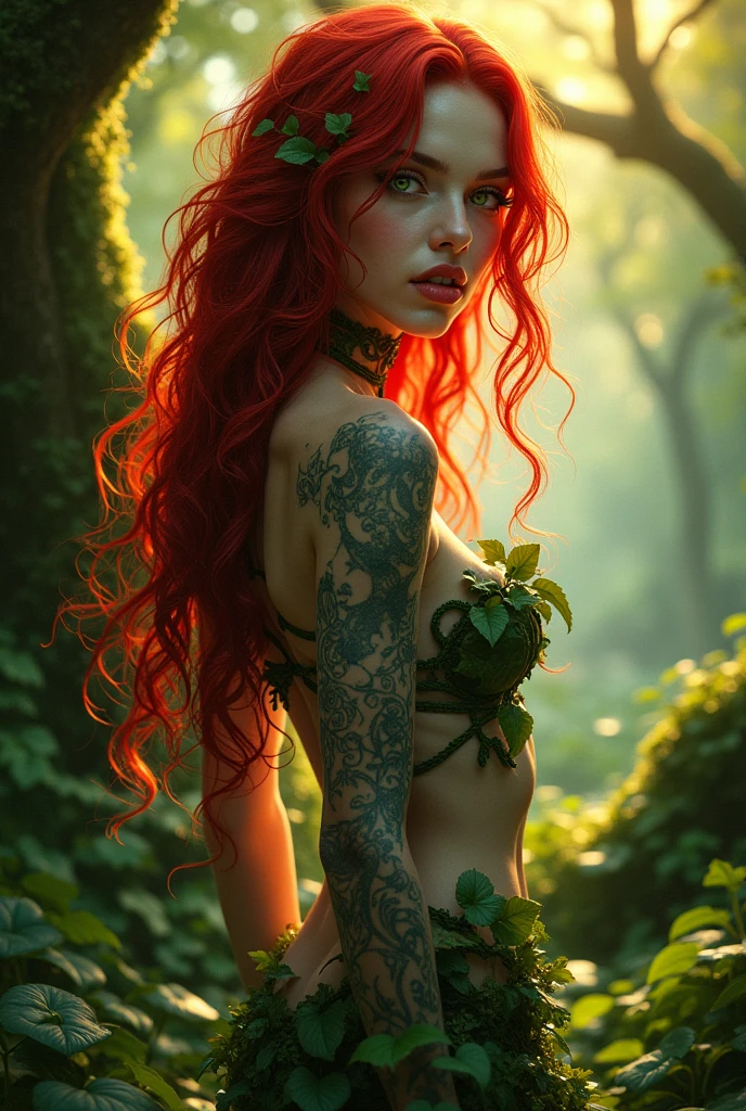 Sexy girl, redhead, thick hourglass body, green skin,  small green plant bikini